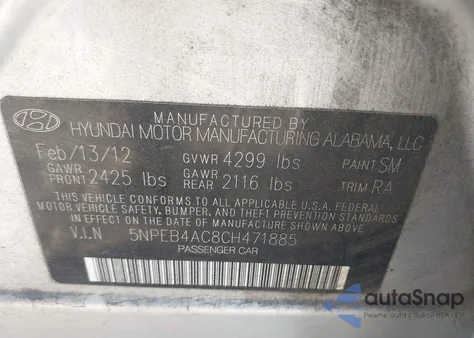 2012 Hyundai Sonata Gls z USA, uszkodzony, nr VIN 5NPEB4AC8CH471885